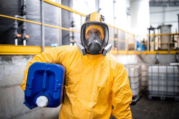 Portrait of chemicals production plant worker in protective suit and gas mask holding plastic can with chemical.